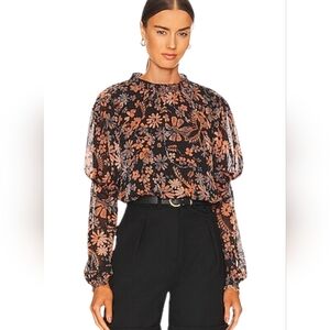 Free People Black Floral Puff Sleeve Blouse